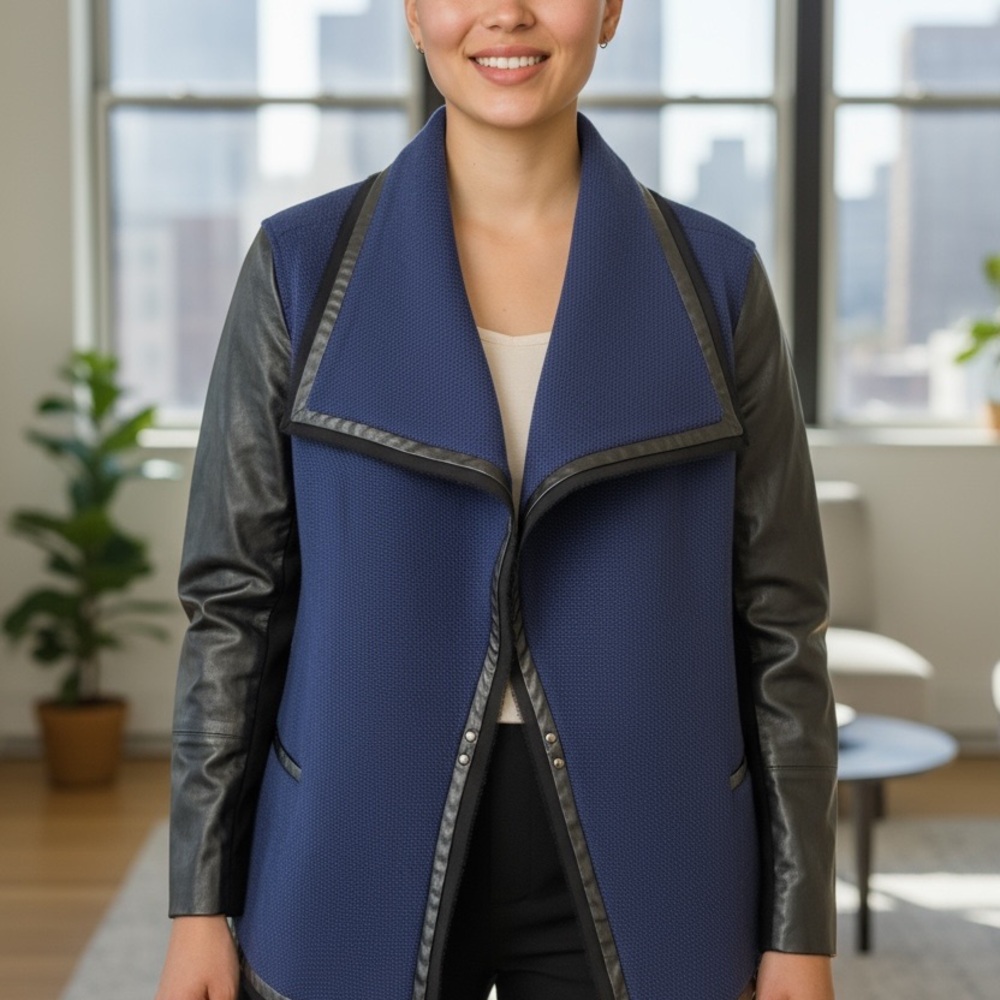 NWT Vince Leather Jacket in Black With Blue Tweed
